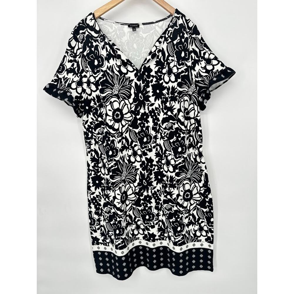 Talbots Dress Womens XL Black White Floral Stretch Knit Border Print Pullover‎